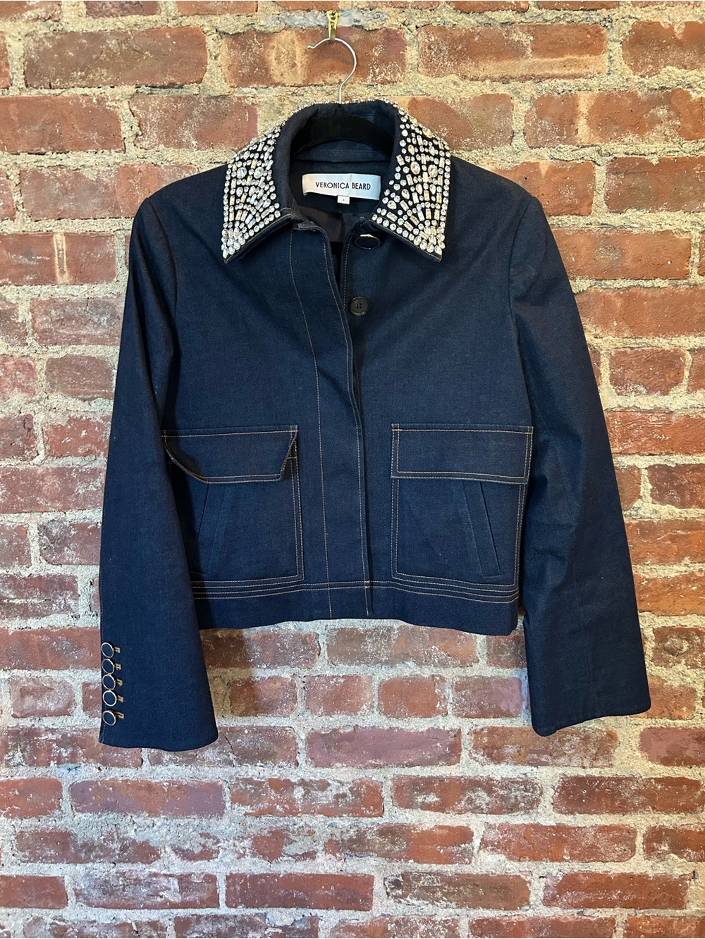 Veronica Beard Navy Embellished-Removable Collar Denim Jacket
